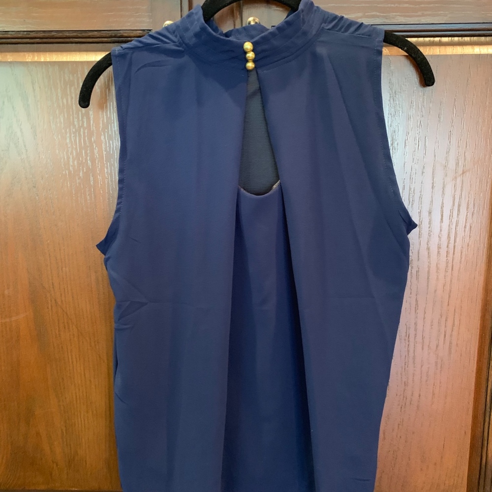 Blue Pleated Sheer Button Blouse Sz M - Picture 3 of 4